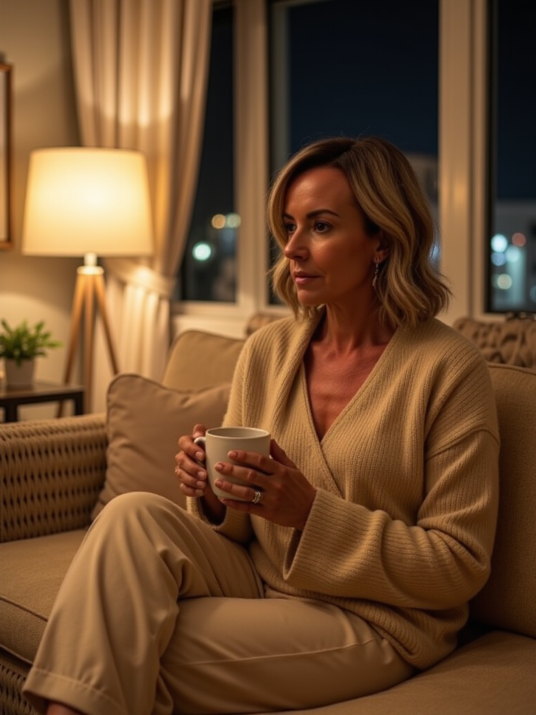 Hayley Charlton at night with a coffee, reflective